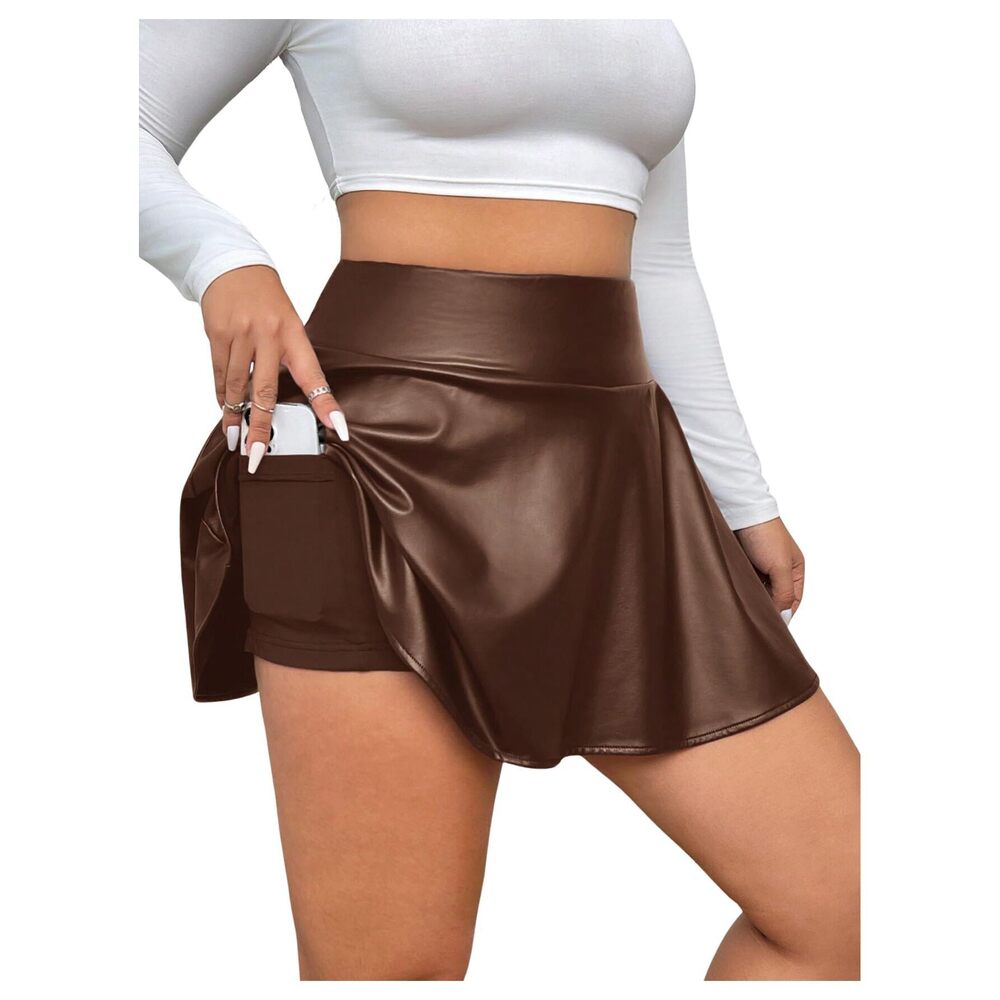 9791 Plus Size PU Leather Ruffle Short Skirts High Waist Pleated Skater